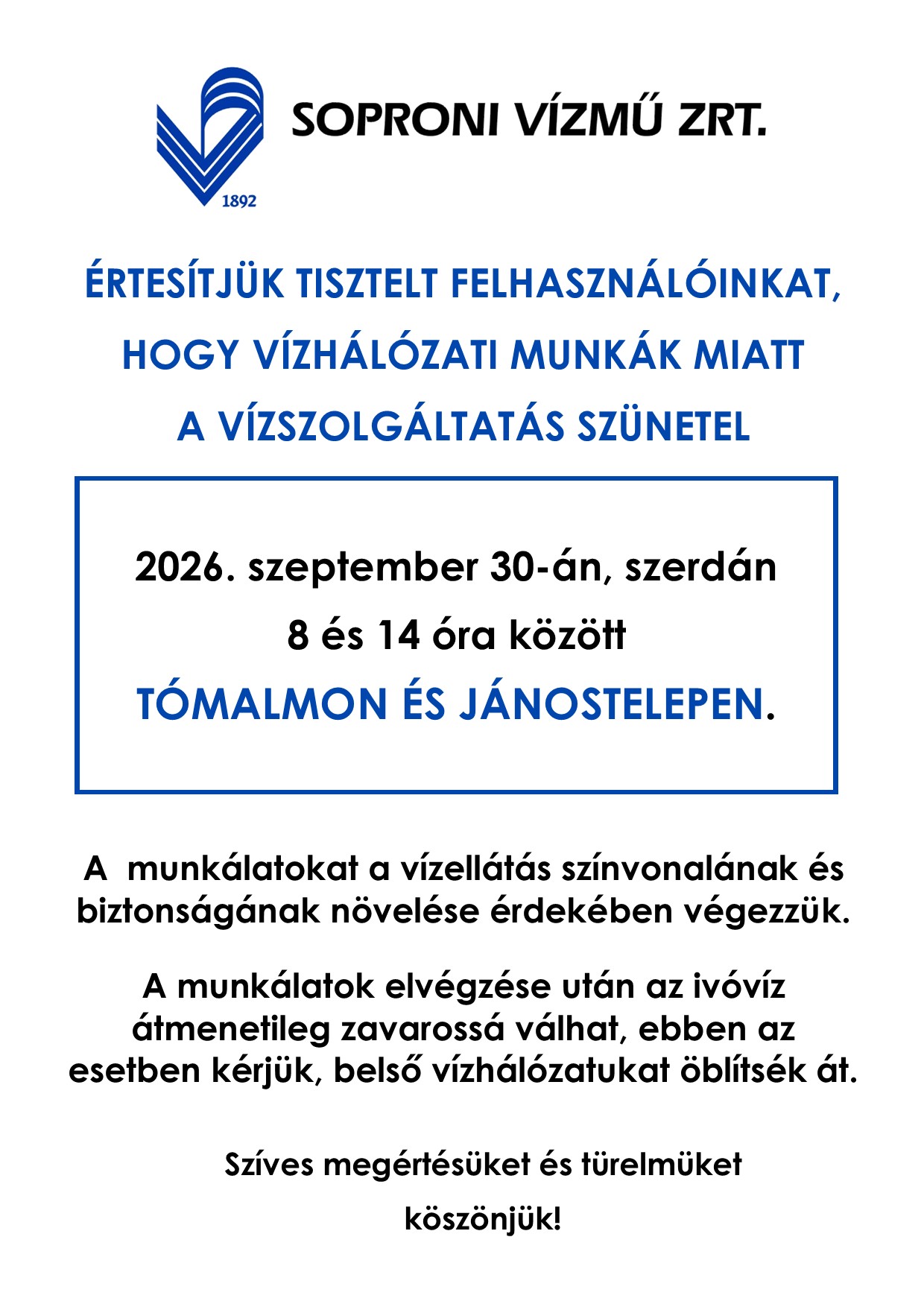 Szünetel a vízszolgáltatás - cikk fotója